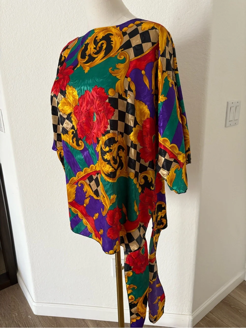 Vintage 80s Baroque Floral Satin Blouse Colorful Statement Top